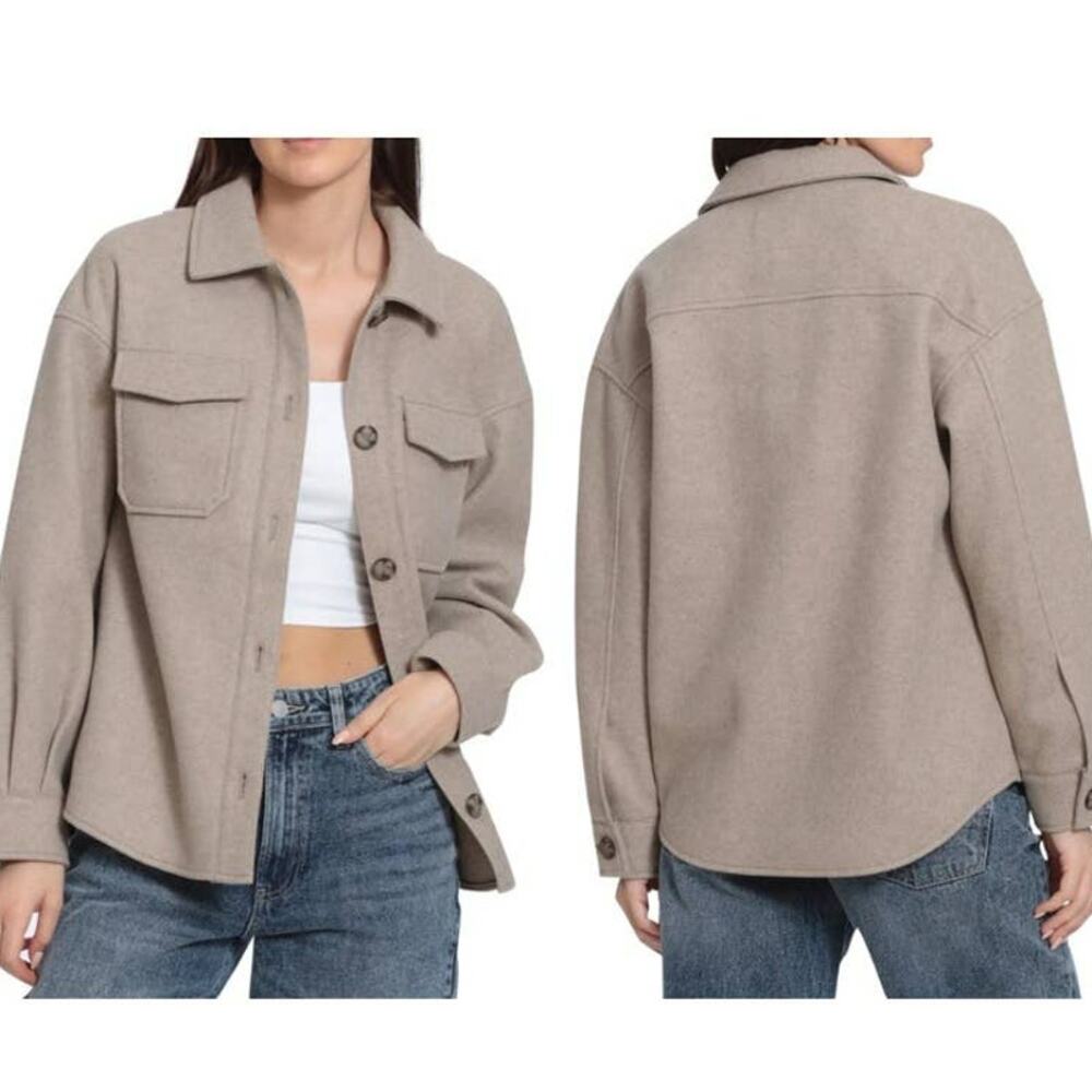 AVEC LES FILLES Button Front Boyfriend Shacket Oat Melange 69663 Women's Large‎